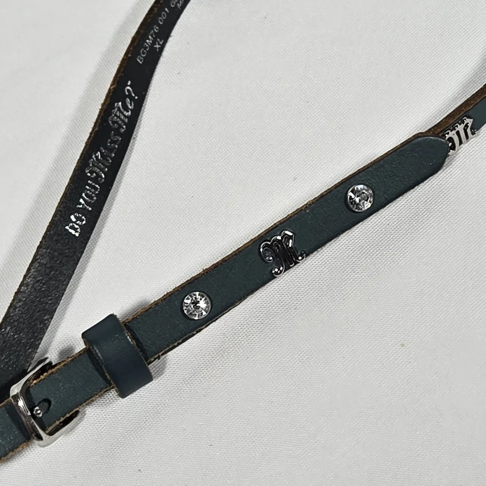 Miss Me Womens XL Belt Green Rhinestone Leather Western Buckle & Logo Skinny